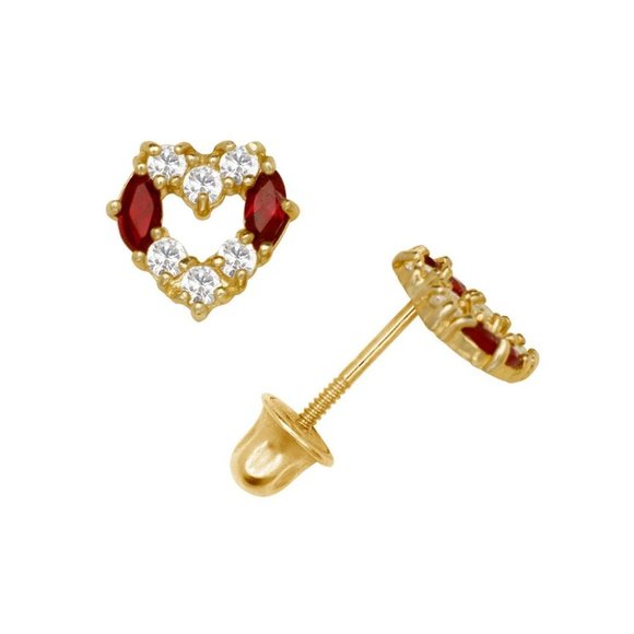 14K Solid Yellow Gold Heart Earrings Set With Cz And Marquise Shape Screw Backs - Picture 2 of 10